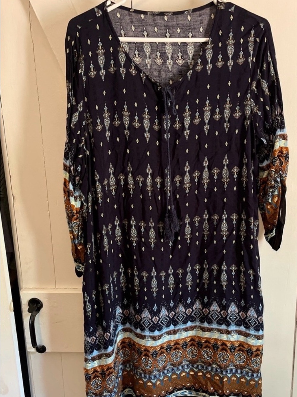 Bohemian Printed Peasant Top in Navy and Brown